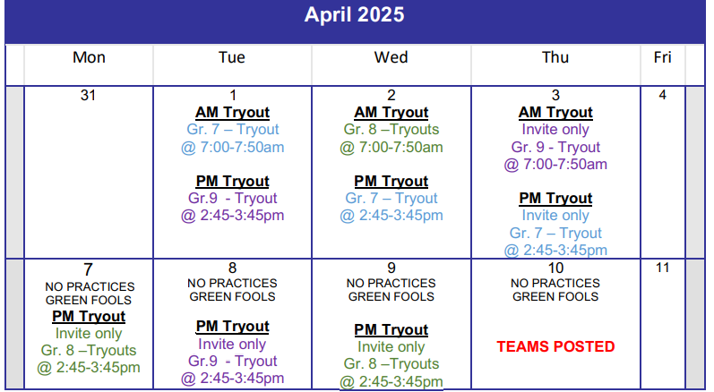 Athletics Schedule March 2025